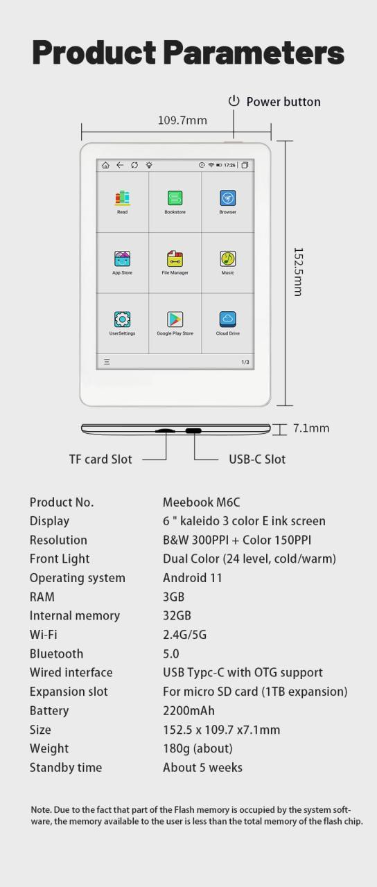 2024 MEEBOOK (likebook) M6C, 6”E-inkカラースクリーン+電子