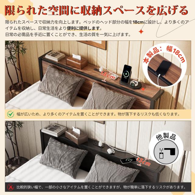 WLIVE ベッドフレーム 宮棚付き 2口コンセント すのこベッド