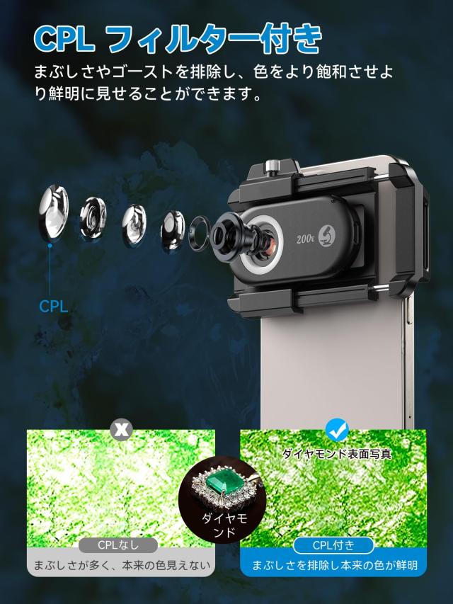 APEXEL 顕微鏡 スマホ顕微鏡 200倍ポケット顕微鏡 CPLフィルター付き