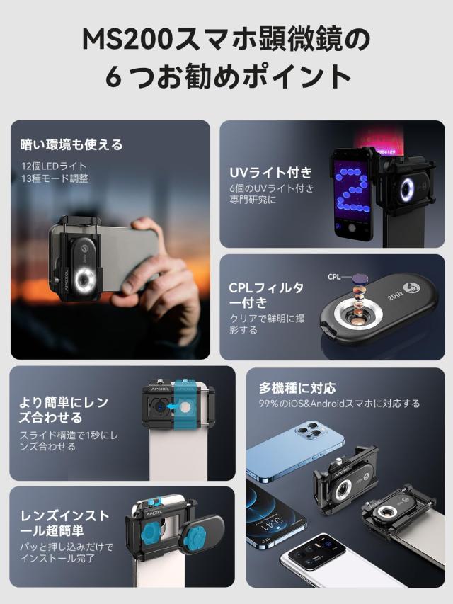 APEXEL 顕微鏡 スマホ顕微鏡 200倍ポケット顕微鏡 CPLフィルター付き マルチ撮影補充照明ライト付き 使用簡単ストレッチアダプター デジ APEXEL 顕微鏡 スマホ顕微鏡 200倍ポケット顕微鏡 CPLフィルター付き