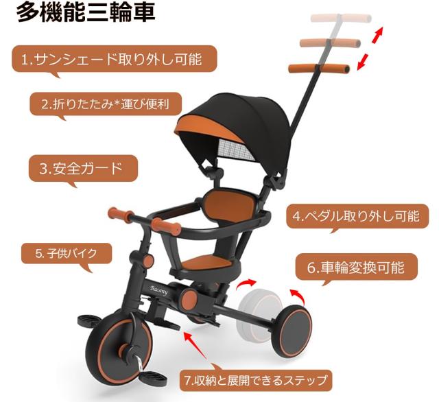 Bacany 子供用三輪車 7in1 三輪車 ステップ付き 折りたたみ 手押し棒 おしゃれ 1歳-6歳 子供バイク コンパクト 自転車 おもちゃ 乗用玩具_2