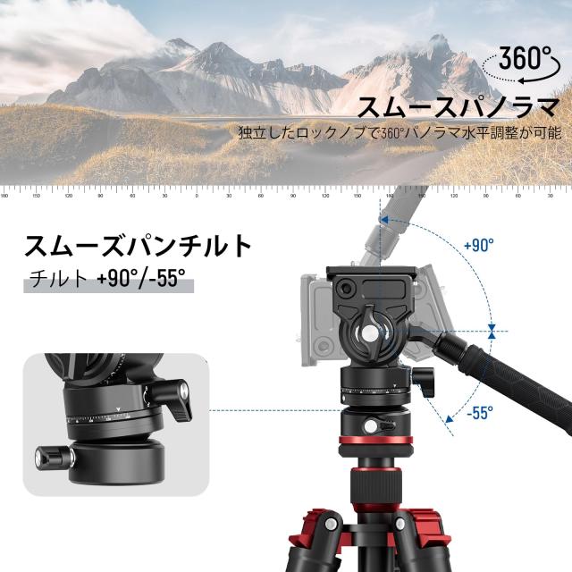 NEEWER 三脚流体雲台 +/-7°レベリングベース(Φ48mm)付き 金属製 コンパクト パンチルト Arca型QRプレート/伸縮ハンドル付き ビデオ雲台_5