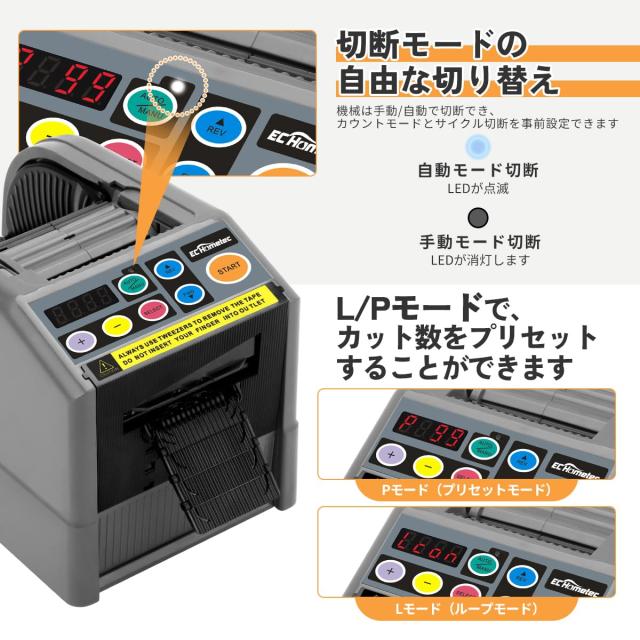 EC Hometec 電動 オート テープカッター 業務用 自動テープディスペンサー 多機能 電動テープカッター マスキングテープ対応 2本カット対