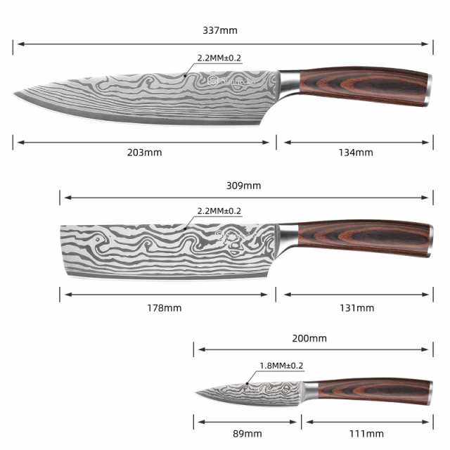 Sunnecko 包丁 セット 牛刀 菜切り包丁 ペティナイフ 3点セット ステンレス ダマスカス模様 木製ハンドル 両刃 肉切り？ 魚切り 菜切り 