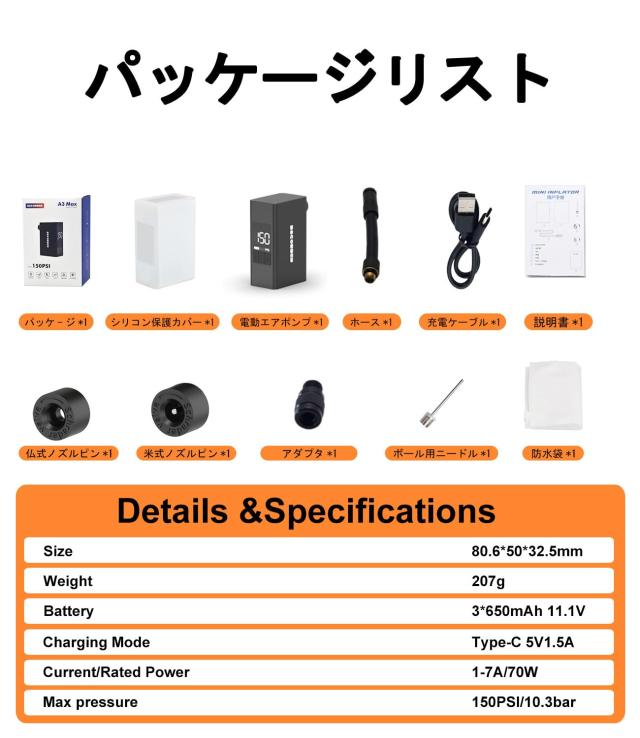 BSCOBBER A3MAX自転車専用電動排気ポータブル高圧充電ポンプミニ充電ポンプ650mAh充電式type-cサイズ80.6*50*32.5mm