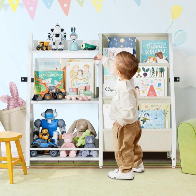 絵本ラック おもちゃ収納 子供用 本棚 大容量 木製マガジンラック おしゃれなキッズブックシェルフ 絵本棚 収納ラック 85.5×30×75cm_1
