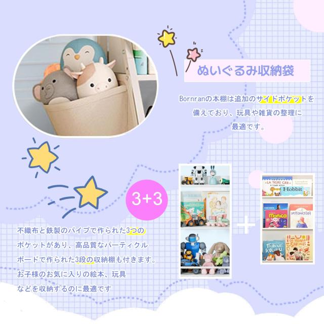 絵本ラック おもちゃ収納 子供用 本棚 大容量 木製マガジンラック おしゃれなキッズブックシェルフ 絵本棚 収納ラック 85.5×30×75cm_3