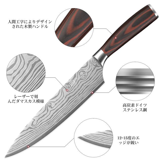 Sunnecko 包丁セット 三徳包丁 牛刀 パン切り包丁 ペティナイフ 皮むきナイフ 切れる包丁 両刃 ステンレス ダマスカス模様 よく切れる お_1