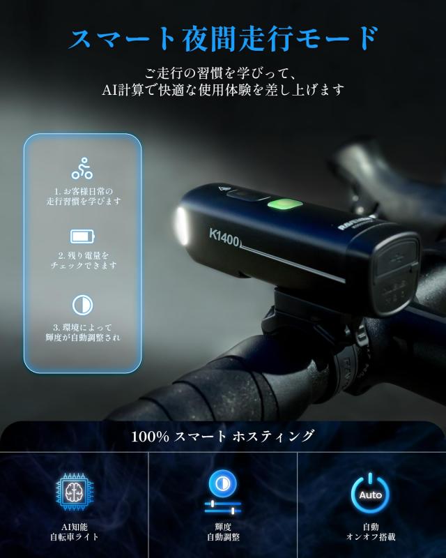 RAVEMEN K1400 銀輪ともし火 1400lm 人工知能学自動小銃調光 光・振りまわす検出器で自動小銃オンオフ USB-C申し受ける IPX7完膚無き迄に雨合羽 PSE允許 側面視認性 4