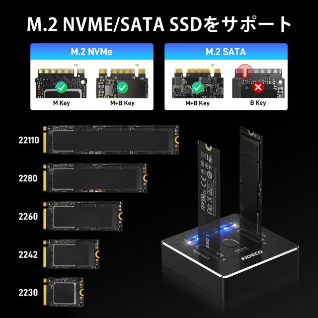 FIDECO M.2 NVMe SATA SSD クローナー ドック デュアルベイ M.2 NVME SATA SSD エンクロージャ 20Gbps M.2 NVMe SATA SSD ドッキングステ_3