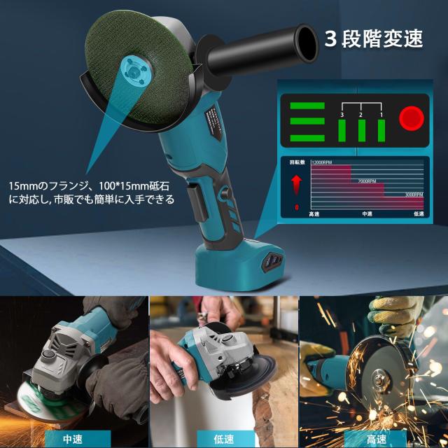 XIKAYADA グラインダー 充電式 3段変速 4000mAhバッテリー付き 100mm コードレスディスクグラインダー マキタ18V互換可 金属切断/研磨/研