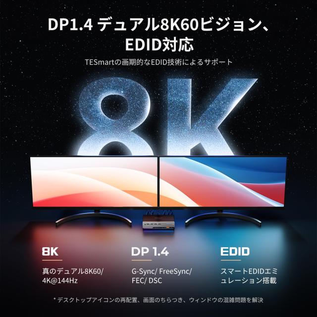 TESmart DisplayPort KVMスイッチ 8K@60Hz 2入力2出力 2モニター2台