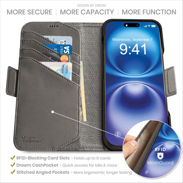 Dreem フィボナッチ（Fibonacci）2イン1 財布型ケース Apple iPhone 16 Pro用 - 高級ヴィーガンレザー製 マグネット着脱式 耐衝撃 携帯電 Dreem フィボナッチ（Fibonacci）2イン1 財布型ケース Apple iPhone 16