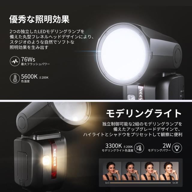 NEEWER Z2-N 2.4G TTLラウンドヘッドフラッシュストロボ スピードライト アップグレードされたUI 2つの調整可能なモデリングランプ TTL/M