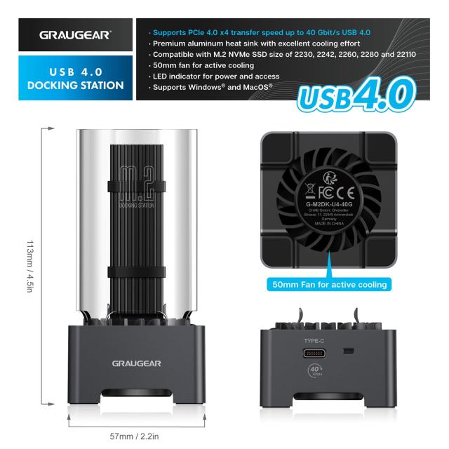 GRAUGEAR 40Gbps M.2 NVMe SSDエンクロージャ M.2 SSD外付けケース USB4ケース 外付けSSDケース 冷却ファン付き UASPトリムサポート Thun_1
