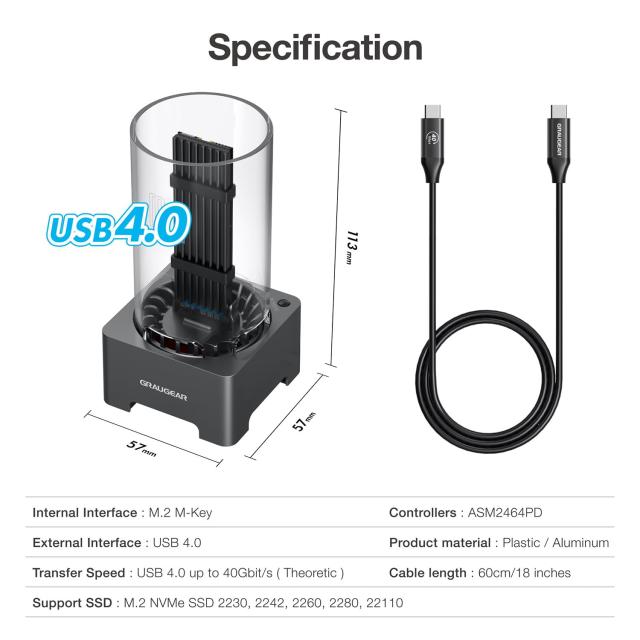 GRAUGEAR 40Gbps M.2 NVMe SSDエンクロージャ M.2 SSD外付けケース USB4ケース 外付けSSDケース 冷却ファン付き UASPトリムサポート Thun_8