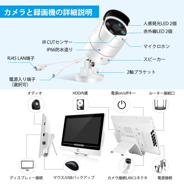 最新500万画素】 防犯カメラ 屋外 POE給電 3K 12型防犯モニター 3テラ