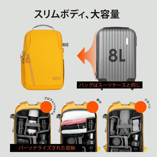[TARION] カメラバッグパック カメラリュック レモンイエロー 大容量 11.5L サイドアクセス 三脚収納 軽量 防水 一眼レフカメラバッグ DS