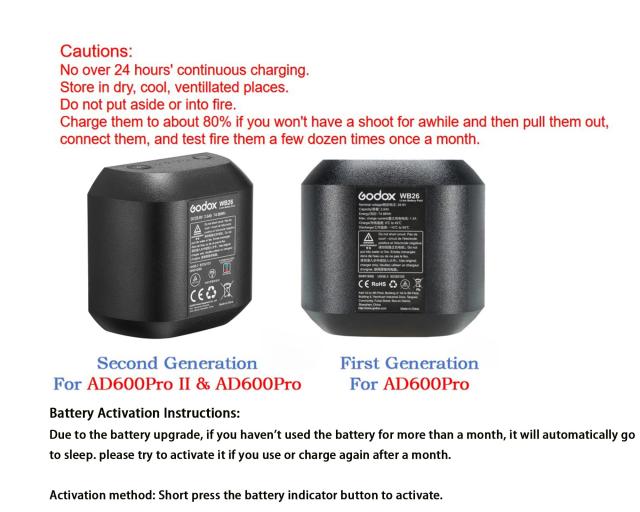 GODOX WB26 WB26A バッテリー AD600Pro II AD600Pro用 - 【アップグレード版】充電式リチウムイオン交換、DC 28.8V 2.6Ah 74.88Wh ？ フラ