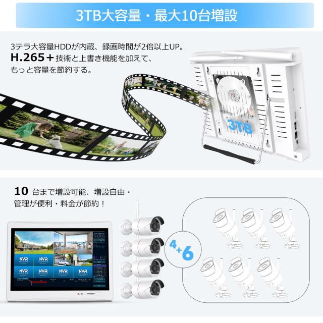 防犯カメラ 屋外 ワイヤレス 12インチ防犯モニター 3TB HDD内蔵 特典付】防災 防犯カメラ ワイヤレス 屋外 カメラ6台 容量3TB