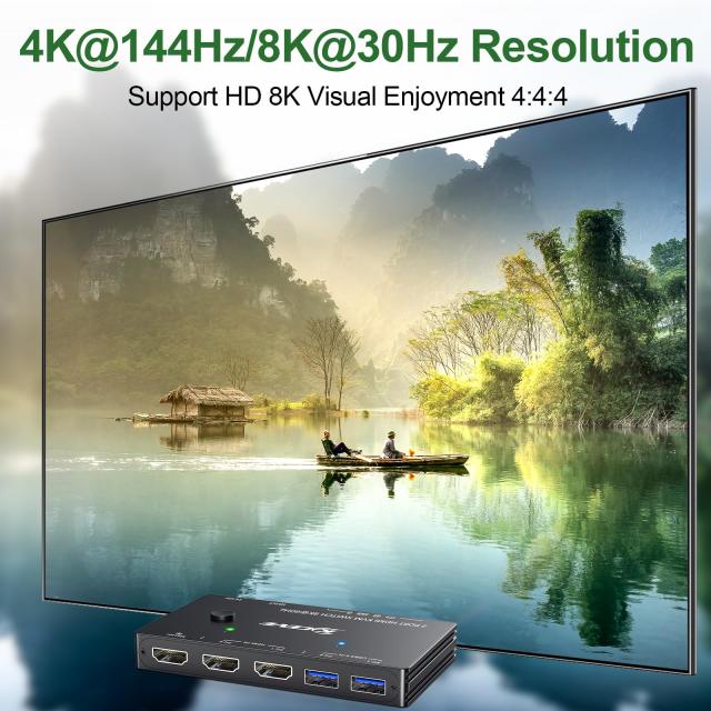 KVM スイッチ 1 モニター 2 コンピューター 4K@144Hz 8K@60Hz、HDMI USB3.0 KVM スイッチ、USB 3.0 ポート 3 つ、有線リモコン、電源アダ_2