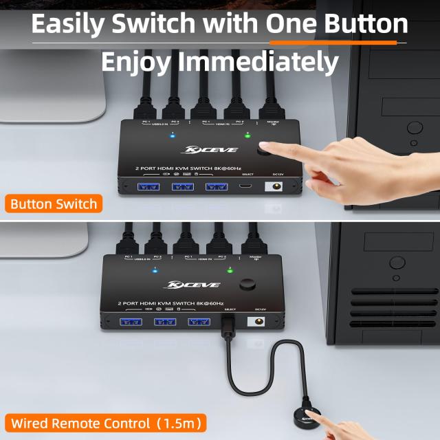 KVM スイッチ 1 モニター 2 コンピューター 4K@144Hz 8K@60Hz、HDMI USB3.0 KVM スイッチ、USB 3.0 ポート 3 つ、有線リモコン、電源アダ_5