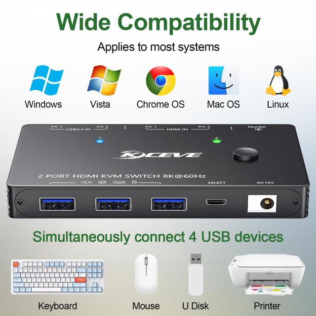 KVM スイッチ 1 モニター 2 コンピューター 4K@144Hz 8K@60Hz、HDMI USB3.0 KVM スイッチ、USB 3.0 ポート 3 つ、有線リモコン、電源アダ_6