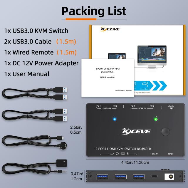 KVM スイッチ 1 モニター 2 コンピューター 4K@144Hz 8K@60Hz、HDMI USB3.0 KVM スイッチ、USB 3.0 ポート 3 つ、有線リモコン、電源アダ_7