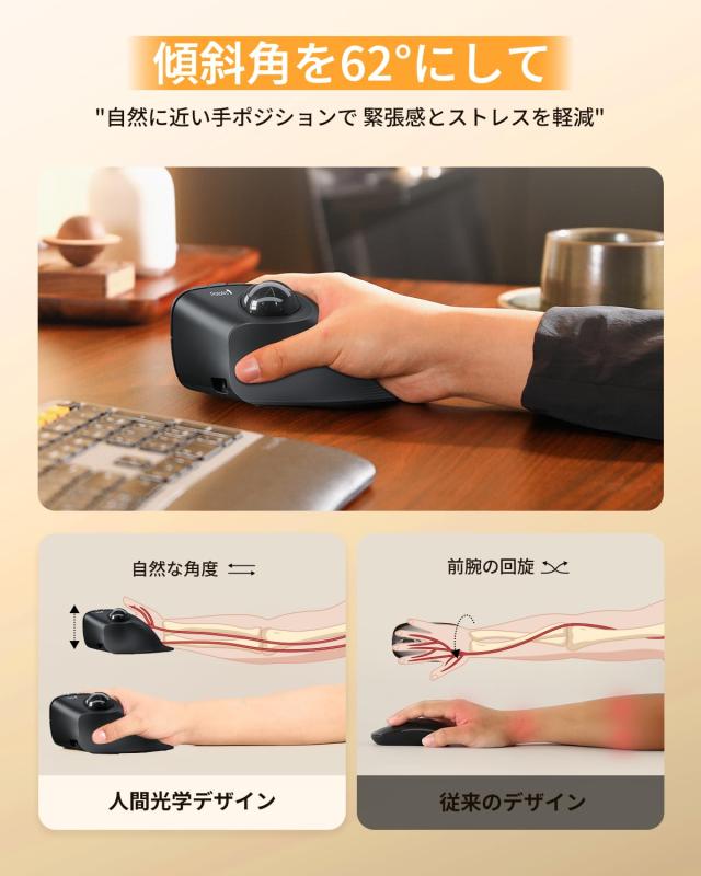 ProtoArc EM05 NLバーティカル トラックボールマウス 縦型62° 2.4GとBluetooth両対応 ワイヤレス 5段階DPI 200/400/800/1200/1600 7ボタ_1