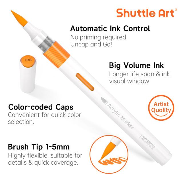 Shuttle Art アクリルマーカー 60色セット 直液式 ブラシペン先 水性 ペイントマーカー カラーペン 防水 速乾 耐水 耐光 アクリル絵具 石_3