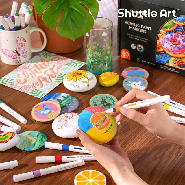 Shuttle Art アクリルマーカー 60色セット 直液式 ブラシペン先 水性 ペイントマーカー カラーペン 防水 速乾 耐水 耐光 アクリル絵具 石_7