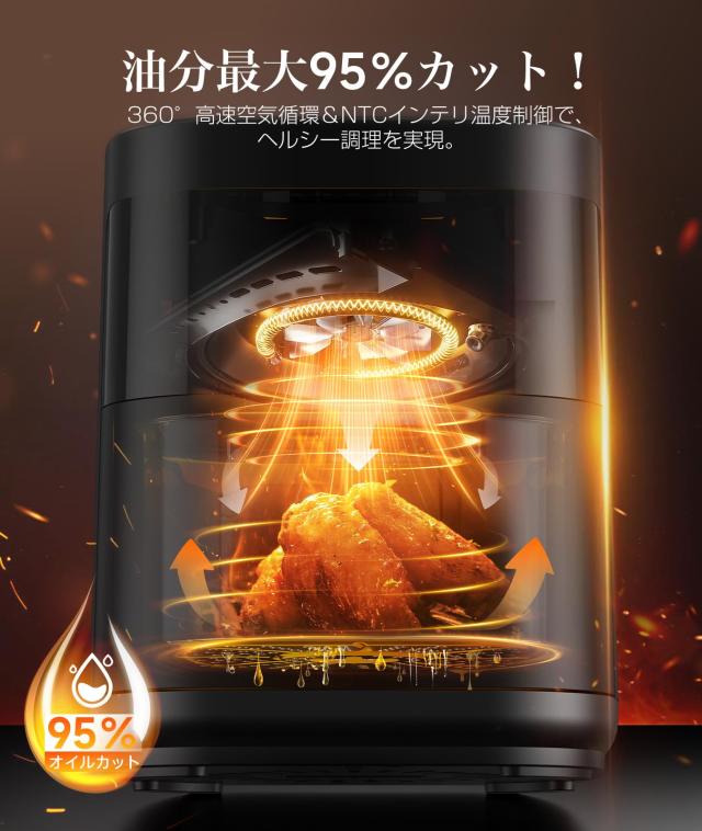 ノンフライヤー 3L 電気フライヤー ノンオイル 揚げ物 惣菜 1~2人用 可視窓 エアフライヤー LEDディスプレイ タッチパネル タイマー 温度_1