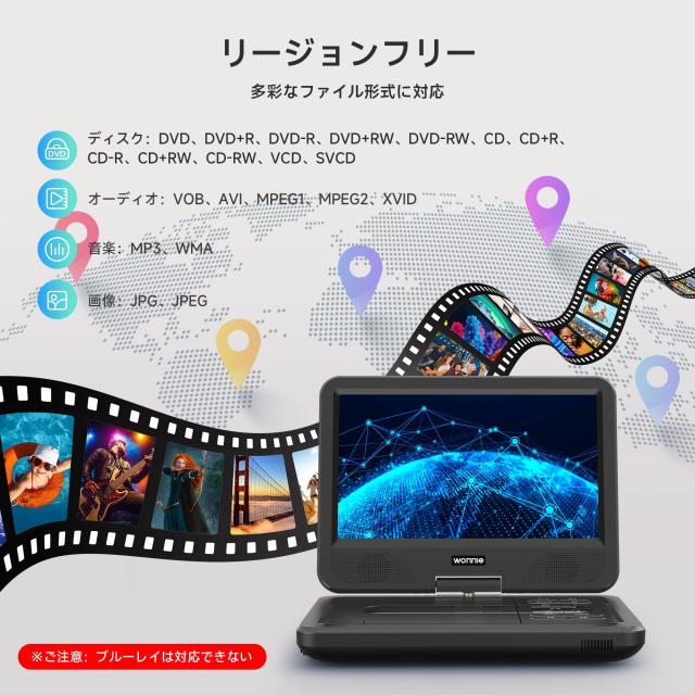 フルセグ dvdプレーヤー WONNIE ポータブル DVDプレーヤー 12.5型 フルセグチューナー内蔵 地デジ放送 dvd ワンセグ 10.5インチ液晶 リー_4