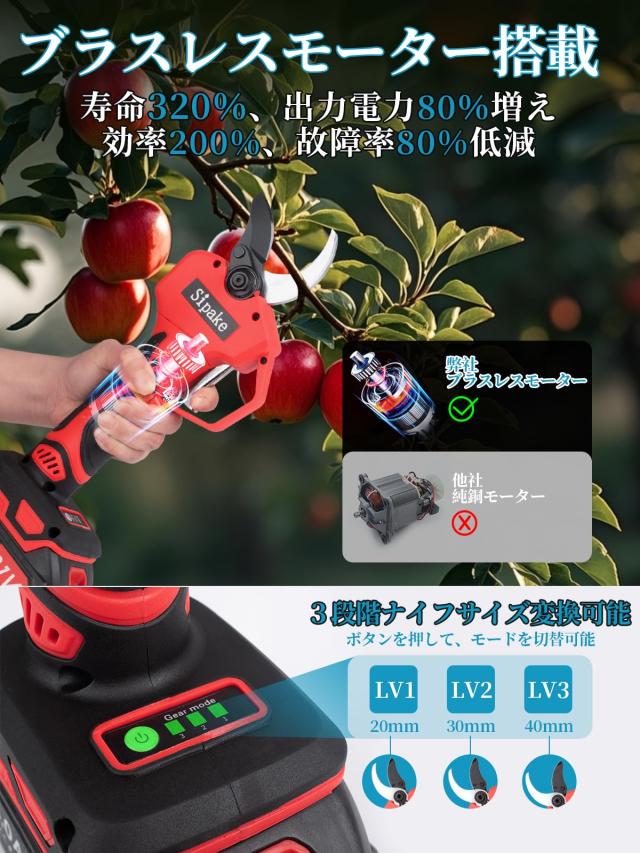 【大開口・40mm切断径】電動ハサミ 電動剪定バサミ【藤原園芸会社監修】マキタ18V互換 3段階開口調節可 剪定バサミ 園芸ハサミ LCD切断回_2