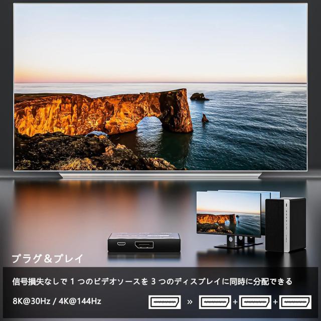 KCEVE 8K対応 DisplayPort 1x3 スプリッター 3出力マルチモニターハブ_1