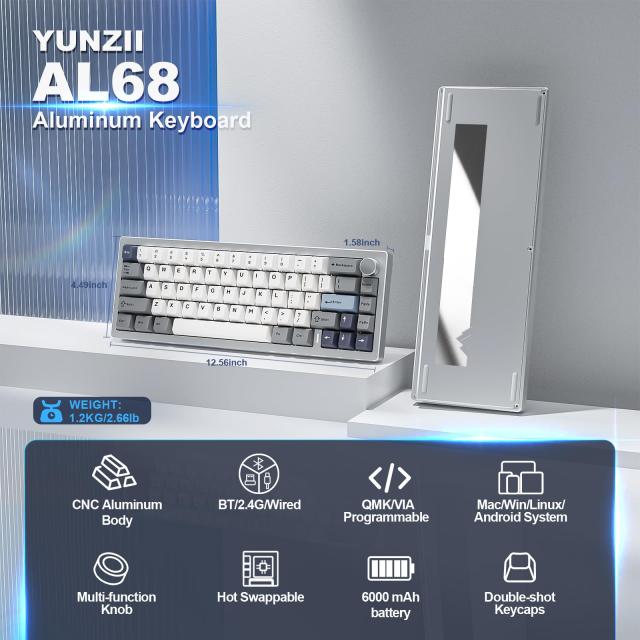 YUNZII AL68 メカニカルキーボード ワイヤレス 68キー ホットスワップ対応 英語配列 RGB QMK/VIAアルミニウムキーボード BT5.0/2.4G/USB-の通販は