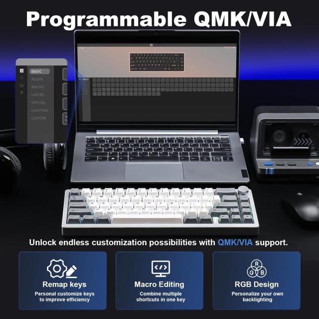 YUNZII AL68 メカニカルキーボード ワイヤレス 68キー ホットスワップ対応 英語配列 RGB QMK/VIAアルミニウムキーボード BT5.0/2.4G/USB-の通販は