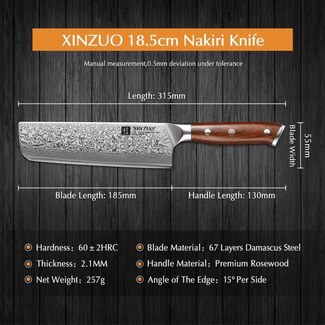 XINZUO 18.5cm ダマスカス鋼Nakiriナイフ菜切り包丁-67層ダマスカス鋼キッチン包丁-プロの鋭いアジア包丁、肉、魚、野菜、果物を切るため_4