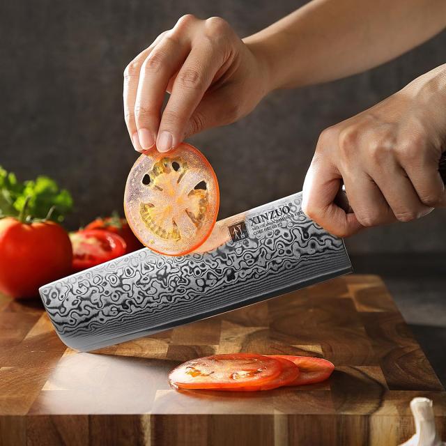 XINZUO 18.5cm ダマスカス鋼Nakiriナイフ菜切り包丁-67層ダマスカス鋼キッチン包丁-プロの鋭いアジア包丁、肉、魚、野菜、果物を切るため_6