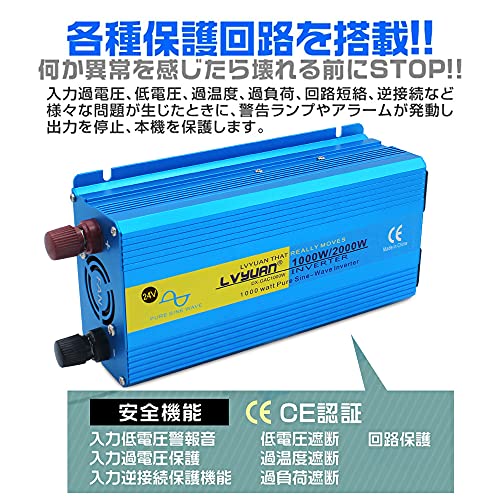 LVYUAN（リョクエン）インバーター 正弦波 24V 1000W 最大 2000W DC 24V（直流） AC100V（交流） 変換 AC コンセント×2、USBソケット×2_4
