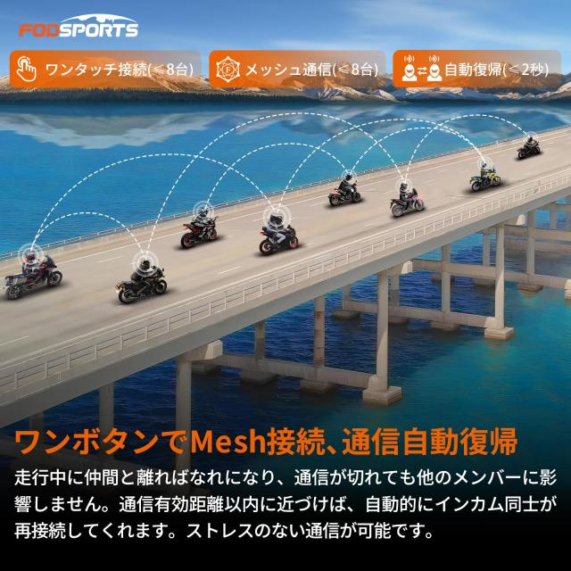 FODSPORTS バイク インカム FX7 メッシュ インカム デュアルチップ 音楽聴きながら通話 2-8人同時通話 強化音質 ワンタッチ全部接続 通信_3