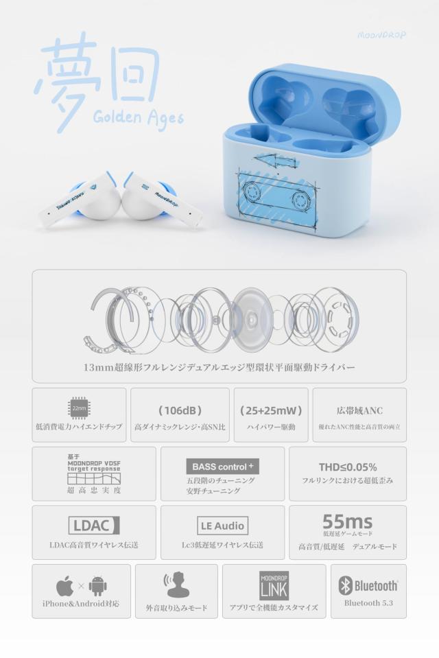 MOONDROP × YASUNO KIYONO 夢回 - Golden Ages × 安野希世乃 ワイヤレスイヤホン 【 44dBまでノイズキャンセリング + Bluetooth 5.3 】｜詳細画像