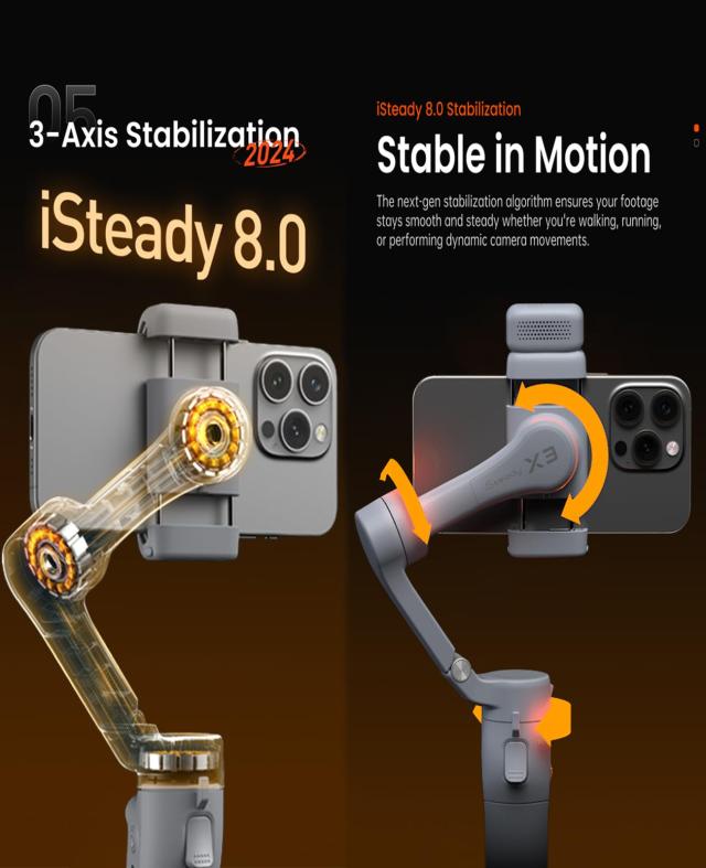 hohem X3 スマホ用ジンバル、Gimbal Stabilizer for iPhone、3軸スマートフォンジンバル、マグネット式フィルライト、内蔵エクステンショ_4
