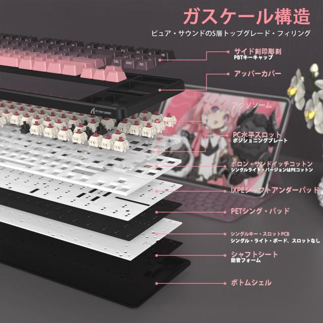 MAMBASNAKE×ATTACK SHARK X87 ゲーミングキーボード ブルーベリースイッチ ガスケットマウント リニア サイド刻印彫刻PBTキーキャップ O_2