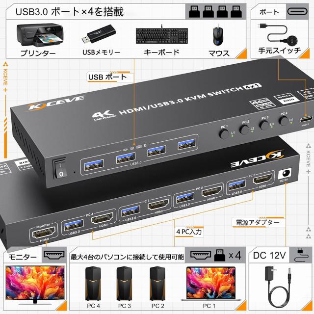 KCEVE HDMI USB3.0 KVMスイッチ 4入力1出力 PC切替器 4K@60Hz EDID保持