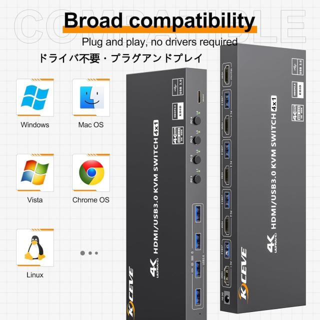 KCEVE HDMI USB3.0 KVMスイッチ 4入力1出力 PC切替器 4K@60Hz EDID保持