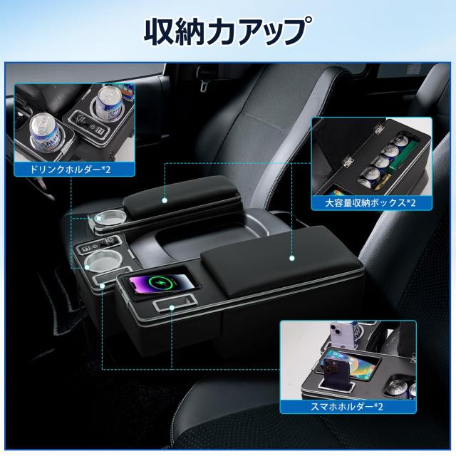 LIMSTYLE トヨタ ハイエース H200系 ワイドボディ専用 アームレスト ワイヤレス充電 コンソールボックス 肘置き 急速充電 USBポート ブル_3
