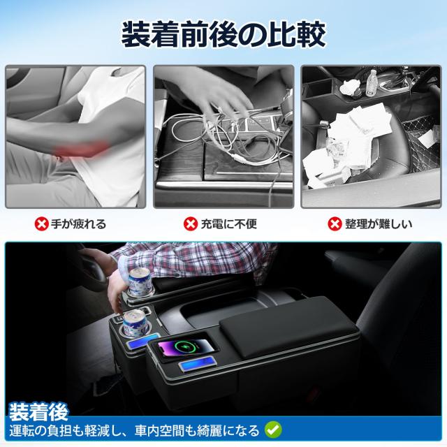 LIMSTYLE トヨタ ハイエース H200系 ワイドボディ専用 アームレスト ワイヤレス充電 コンソールボックス 肘置き 急速充電 USBポート ブル_4