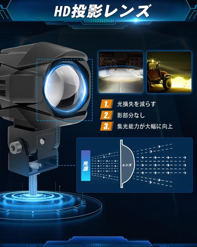 UNI-SHINE バイク用 フォグランプ 20000LM 60W バイク用フォグランプ 2色 ホワイト+イエロー 7つの点灯モード 高輝度 防水 1.5m延長コー_5