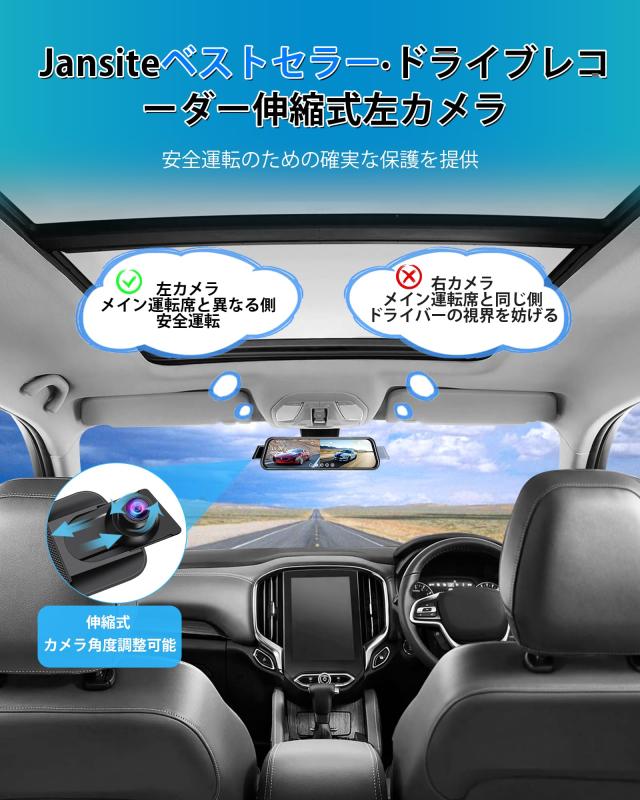 Jansite ドライブレコーダー ミラー型【10Mケーブル ＆ グレア反射改良